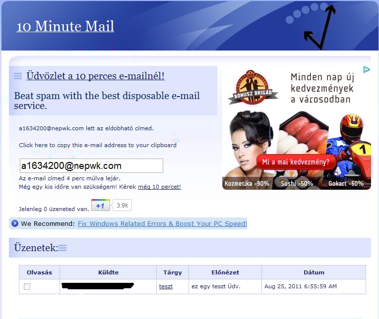 Spamek ellen: e-mail cím, csak 10 percre!