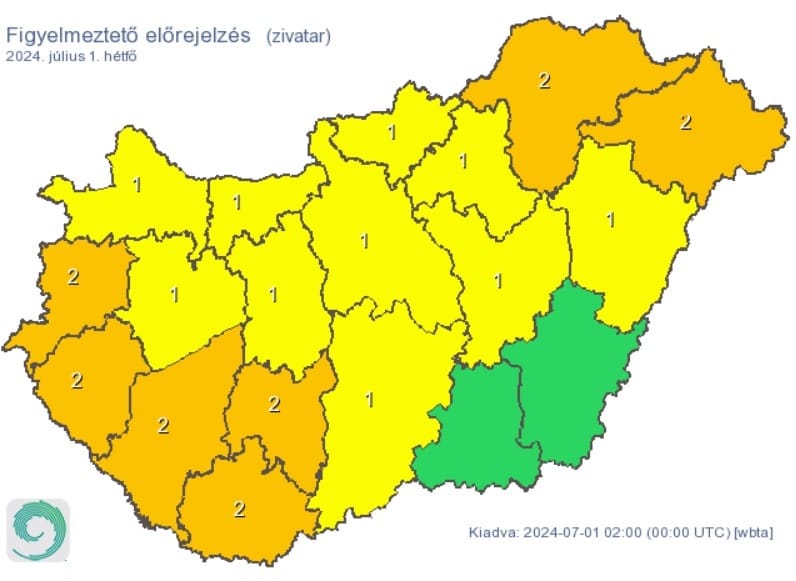 Kettes fokozatú figyelmeztetést adtak ki magas hőmérséklet és zivatar miatt
