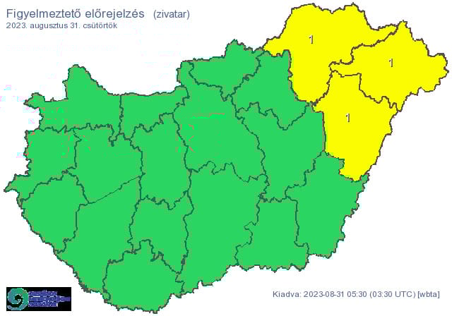 Három megyére adtak ki figyelmeztetést zivatarok miatt a nyár utolsó napjára