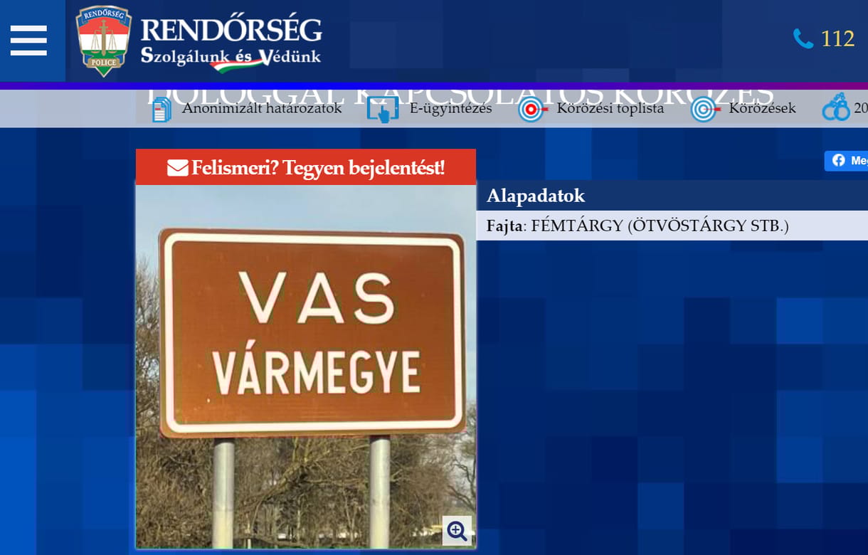 Máris elloptak egy vármegyetáblát