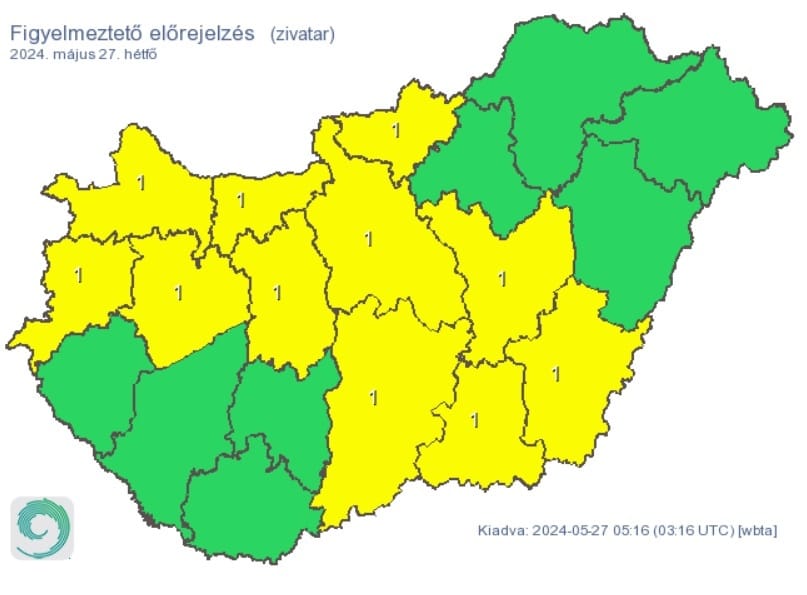 11 megyére adtak ki figyelmeztetést zivatar miatt