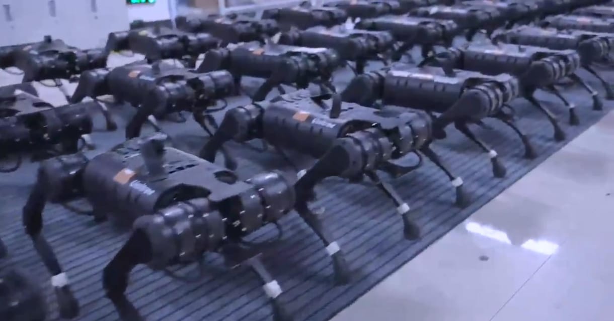 Félelmetes, ahogy egyszerre mozdul meg több tucat kínai robotkutya – videó