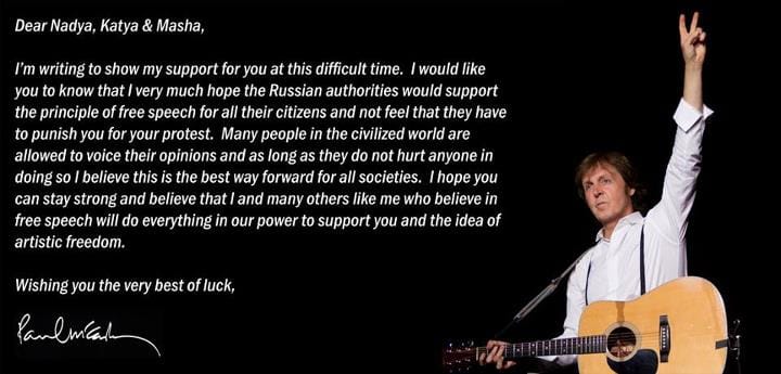 Paul McCartney levelet küldött a Pussy Riotnak