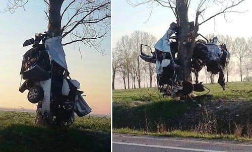 Szürreális baleset Értarcsánál, a fán lógott az összetört autó