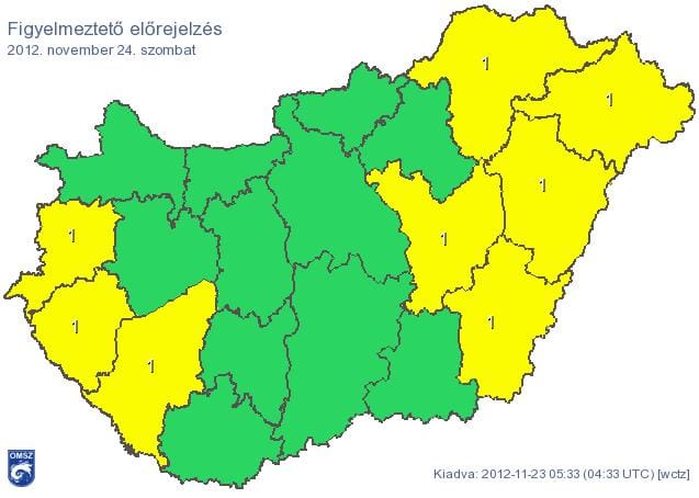 Figyelmeztetést adtak ki szombatra nyolc megyére - térkép