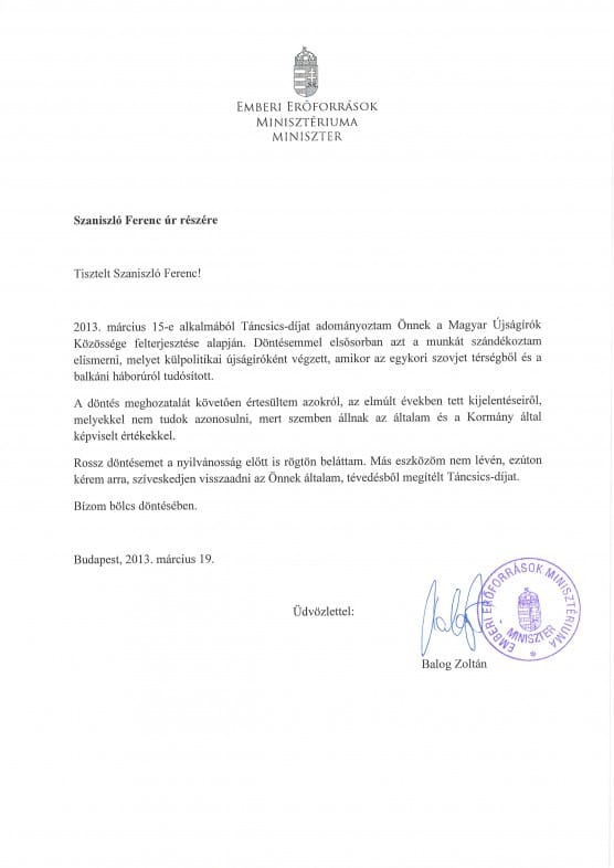 Balog: adja vissza Szaniszló a Táncsics-díjat
