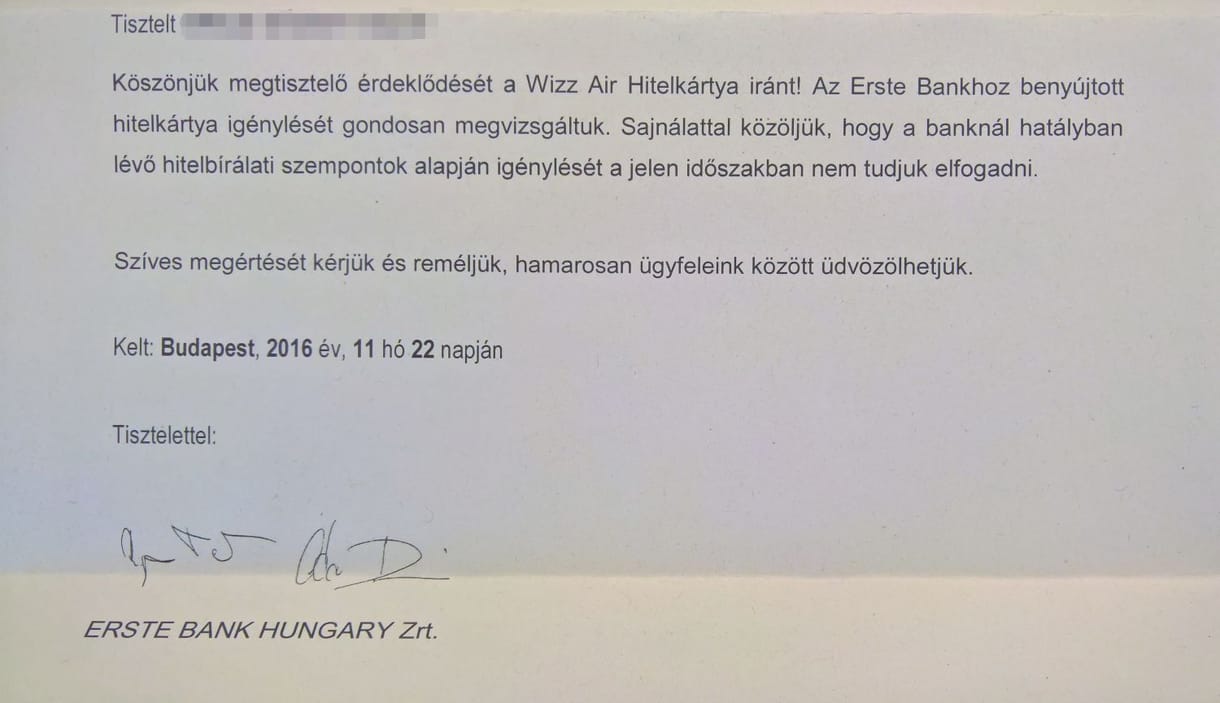 K. úr esete az Erste Bankkal és a Wizz Air-hitelkártyával