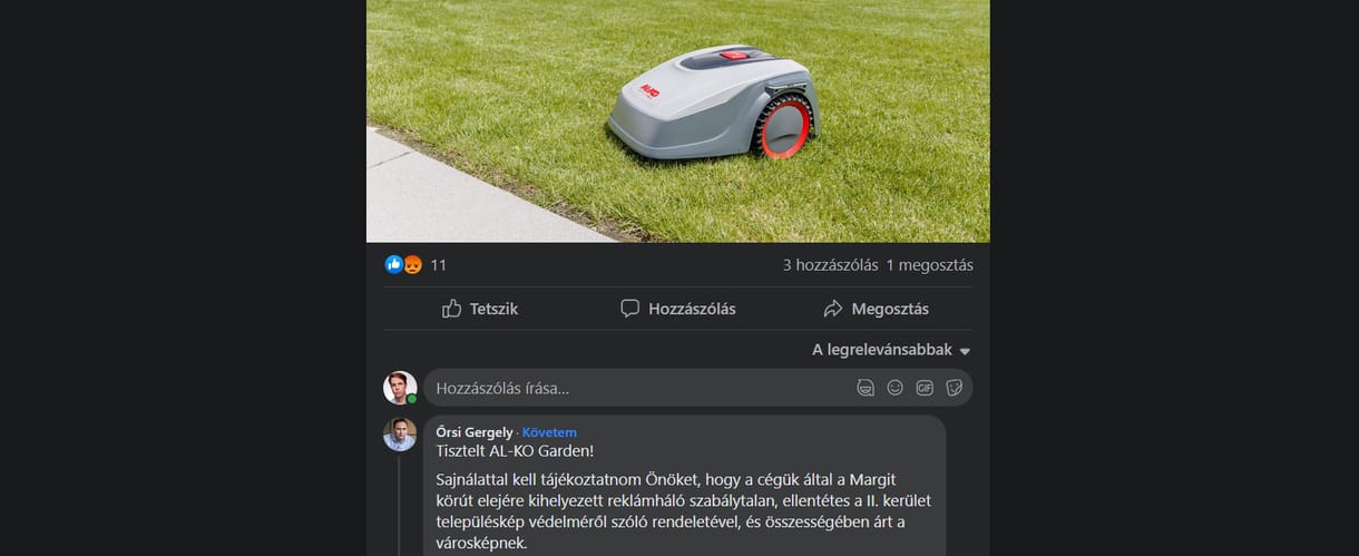 Kommentben szólt a robotfűnyírós cégnek és a Yettelnek a II. kerületi polgármester