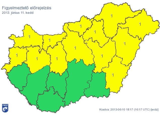 Figyelmeztetést adtak ki holnapra Budapestre és 13 megyére 