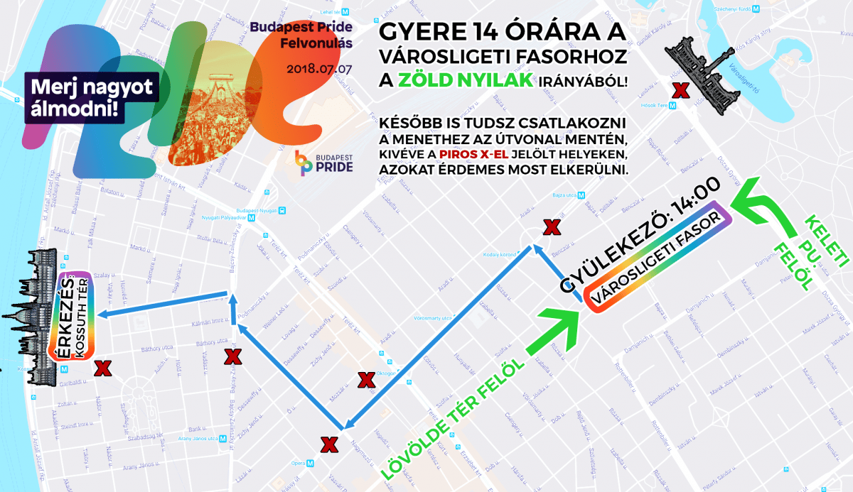 Ellentüntők között, de jó hangulatban, zavartalanul vonultak végig Budapesten a Pride-menet résztvevőo