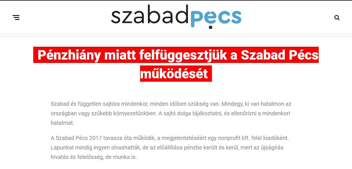 Pénzhiány miatt felfüggeszti működését a Szabad Pécs