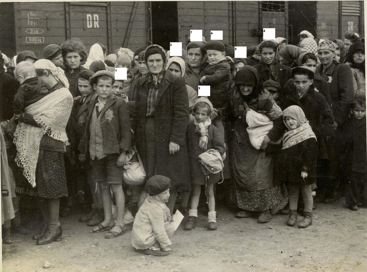 A magyar Berkovics-Klein család érkezése Auschwitzba 1944. május 27-én. 1. Klein Renee (12 éves) 2.  Klein Hajnal, Renee, Irén, Herczi és Lili édesanyja (meggyilkolták) 3. Klein Irén (7 éves, meggyilkolták) 4. Klein Lili (18 éves, túlélő) 5. Klein Herczi (15 éves, túlélő) 6. Berkovics Adalbert Avrom (5 éves), 7. Berkovics Irina, Adalbert édesanyja (37 éves)