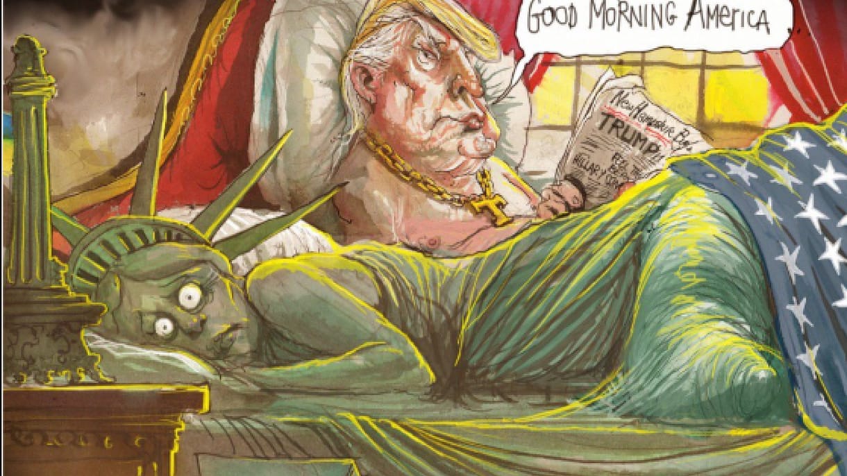 A Szabadság-szobor szoknyája alá nyúl Trump
