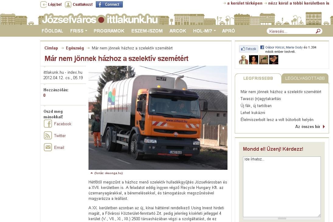 Megszűnt a házhoz menő szelektív hulladékgyűjtés Józsefvárosban