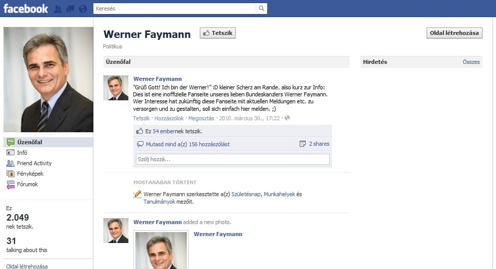 Már az osztrák kancellár is fent van a Facebookon