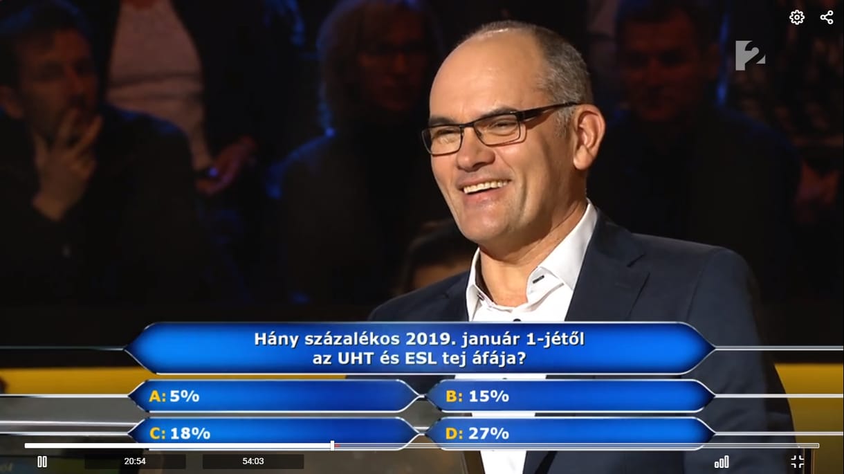 Legyen Ön is milliomos: a TV2-n a tej áfájának csökkentésére kérdeztek rá