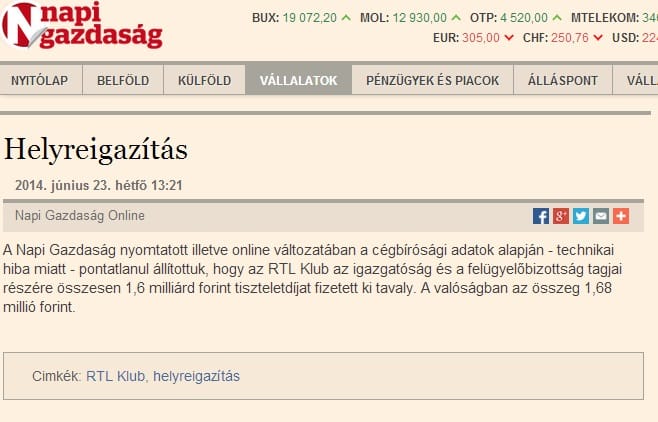 Helyreigazította helyreigazítását a Napi Gazdaság