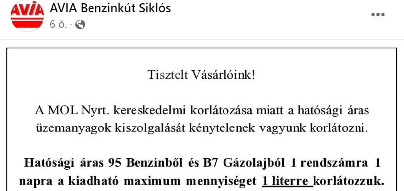 Sokkolónak szánt Facebook-poszttal figyelmeztet a várható üzemanyaghiányra egy független benzinkutas
