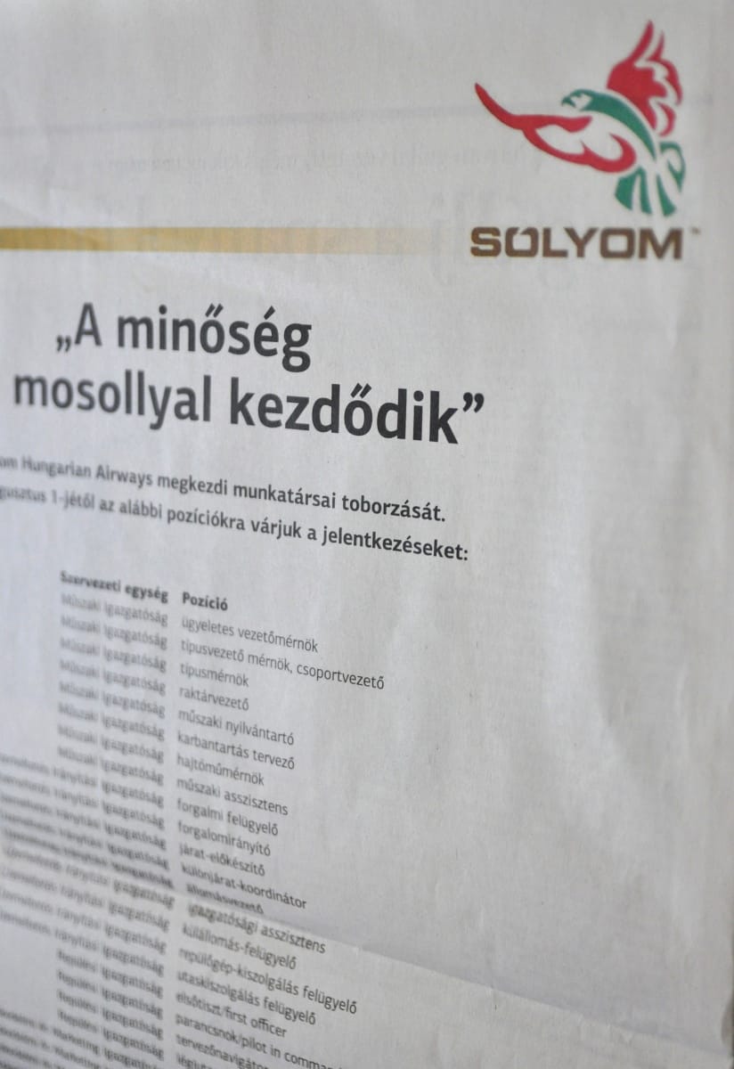 Egész oldalas hirdetésben toboroz a Sólyom Airways - fotó