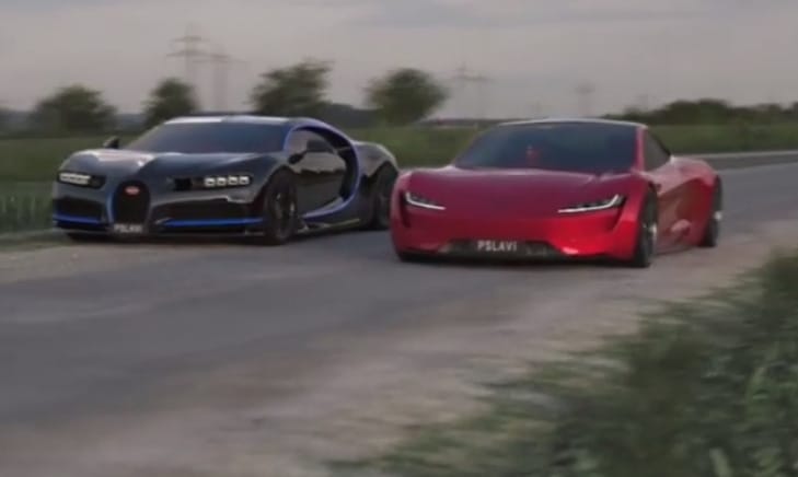 Szinte igazinak tűnik a Tesla Roadster 2 és Bugatti Chiron csatája – videó