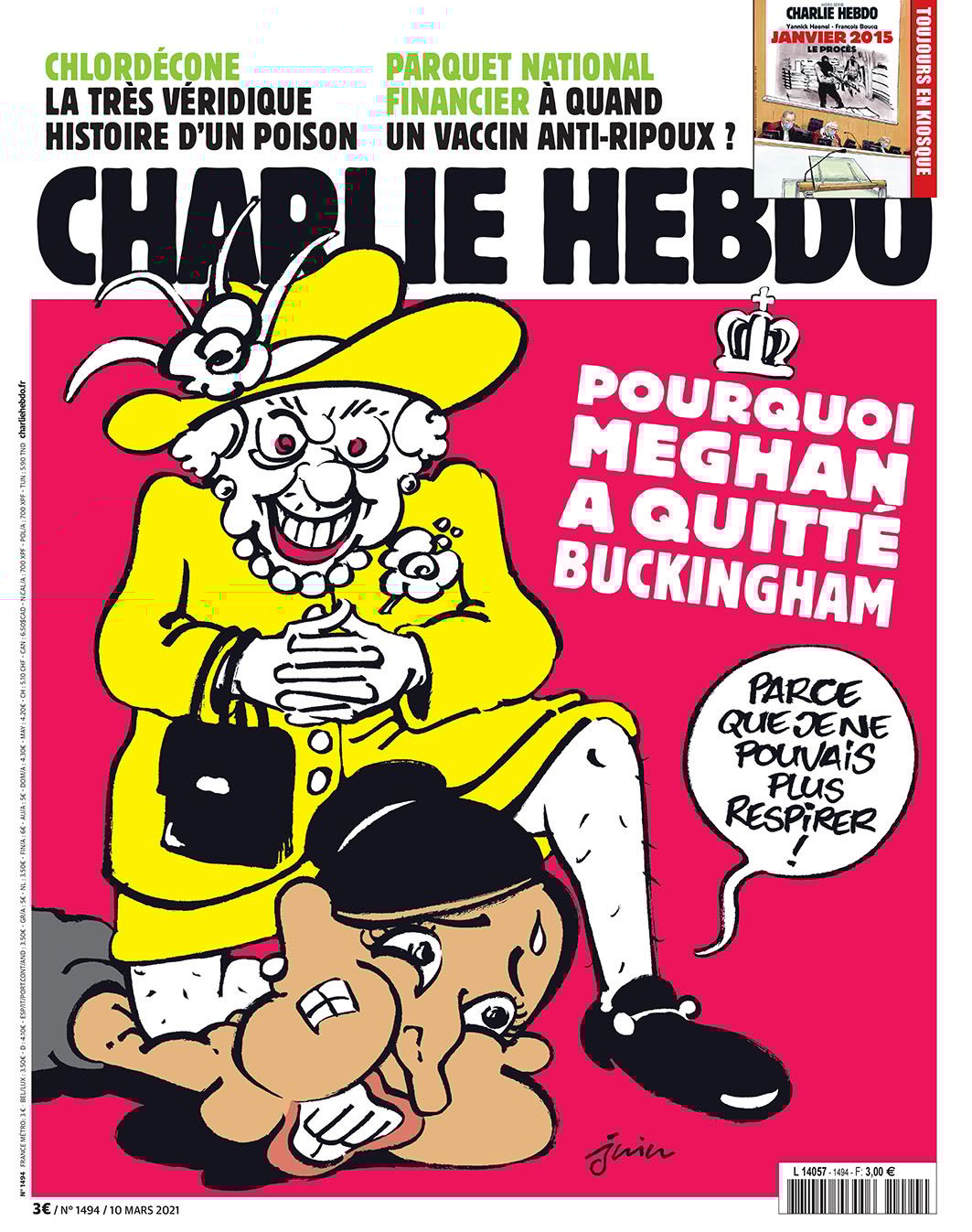 Meghan Markle nyakán térdelő Erzsébet királynővel jelent meg a Charlie Hebdo 