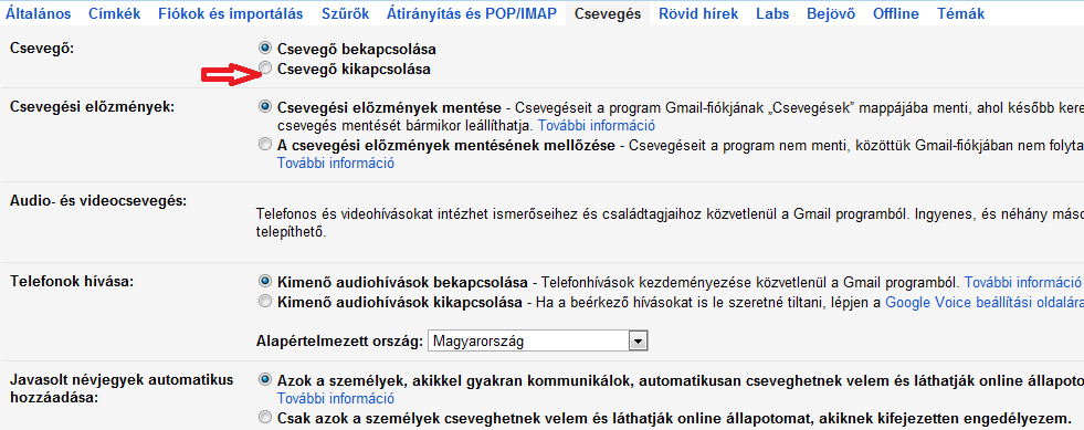 A chat-doboz eltávolítása a Gmailből