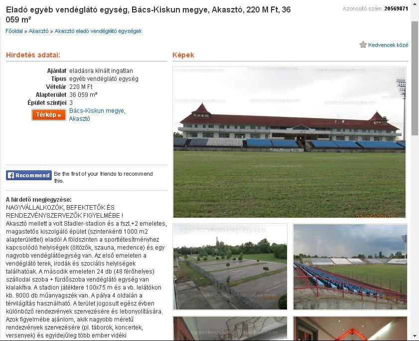 220 millióért eladó az akasztói Stadler-stadiont