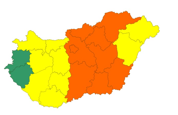 A katasztrófavédelem térképén a riasztások mértéke
