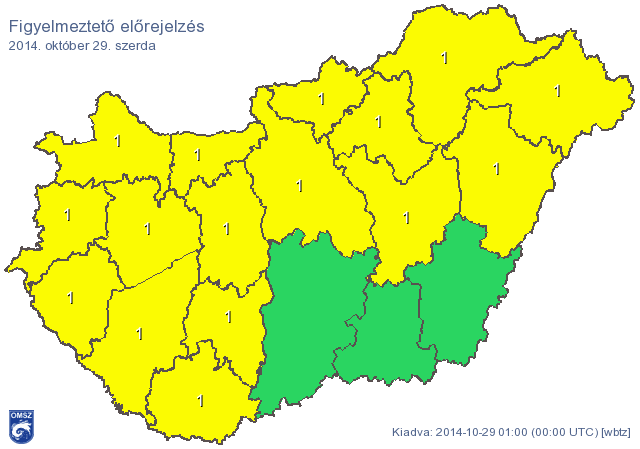 Térkép: 16 megyére figyelmeztetést adott ki az OMSZ