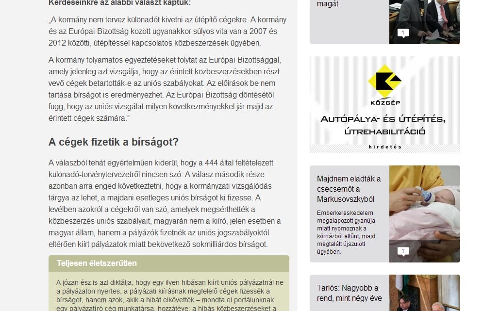 Fotó: Közgép-hirdetés virít az MNO-n a Simicska-cégek különadóztatása ellen érvelő cikk mellett