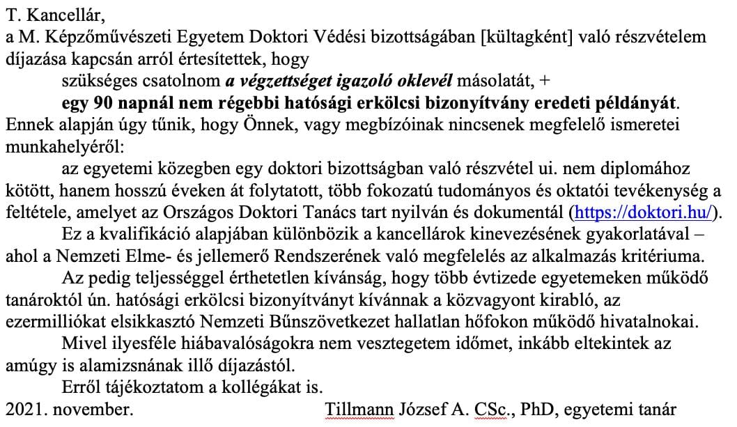 Nemzeti Bűnszövetkezetet emlegetve vágott vissza a Képző kancellárjának a neves filozófus, amikor az erkölcsi bizonyítványát kérték