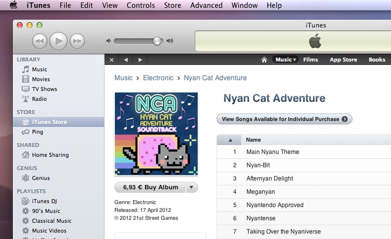 Nyan Cat zenei album az iTunes Store-ban