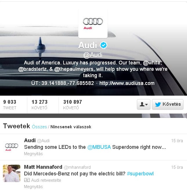 Super Bowl-áramszünet: beszólt az Audi a Mercedesnek