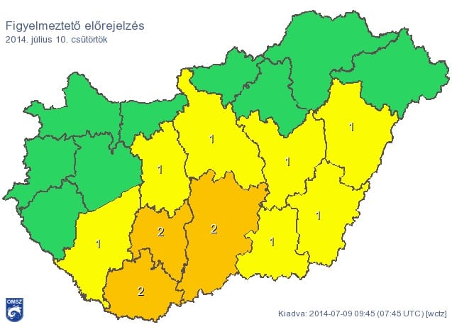 Figyelmeztést adtak ki Budapestre és 10 megyére holnapra - térkép