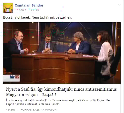 Csintalan Sándor kér bocsánatot a Saul fiával foglalkozó hírTV-s műsor miatt