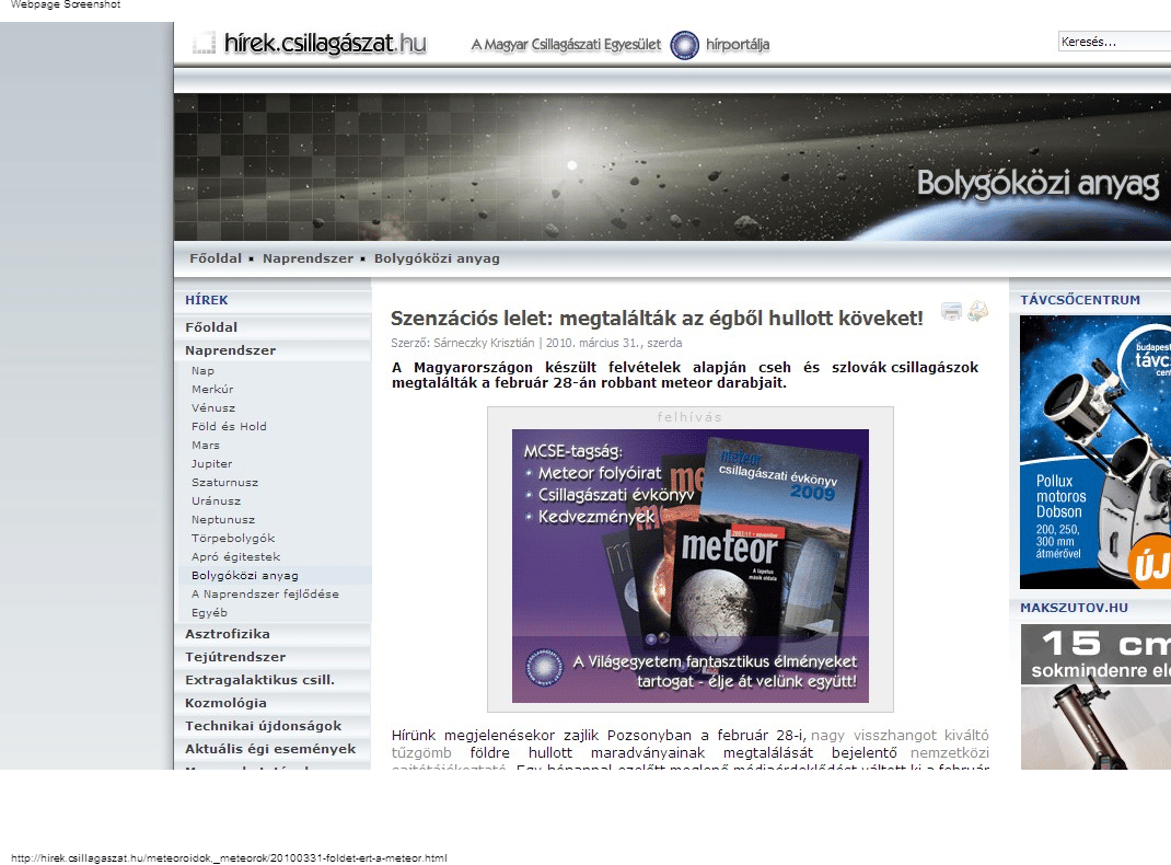 Az itthon is látott meteoritot találták meg Kassánál