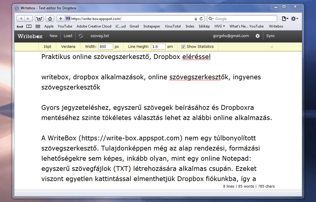 Praktikus online szövegszerkesztő, Dropbox eléréssel