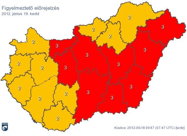 Piros figyelmeztetést adtak ki holnapra kilenc megyére 