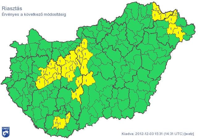 Riasztást adtak ki az ország több területére - térkép