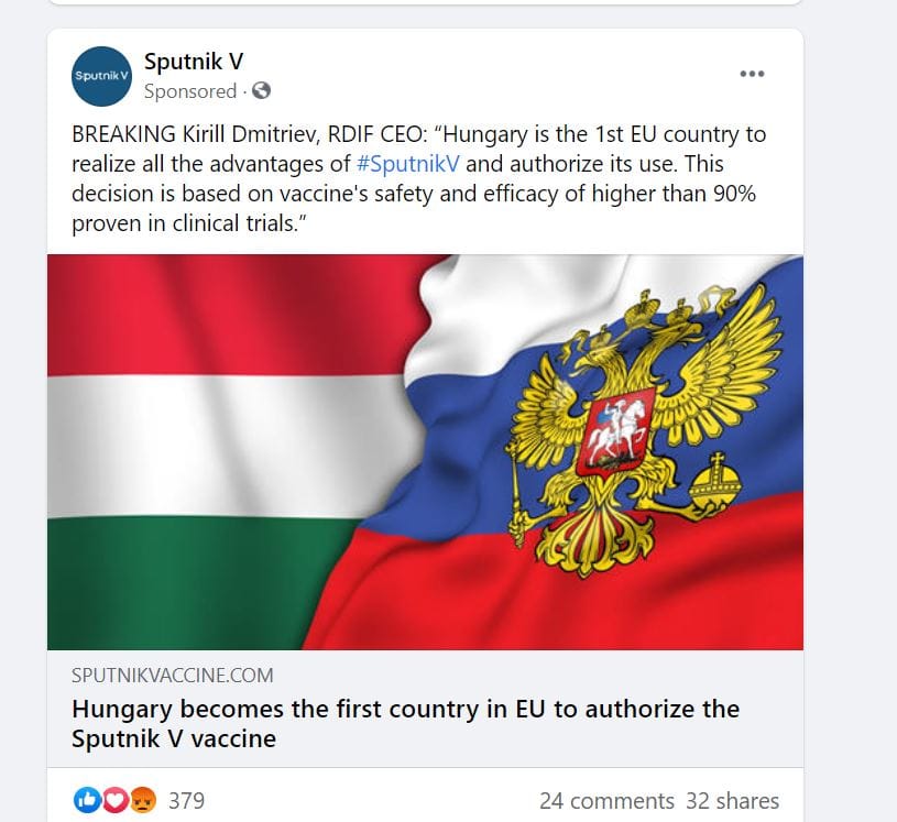 Az oroszok Facebook-hirdetésben promózzák, hogy itthon engedélyezték a Szputnyik-vakcinát