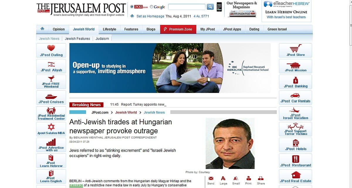 Bayer Zsolt írásai kicsapták a biztosítékot a Jerusalem Postnál