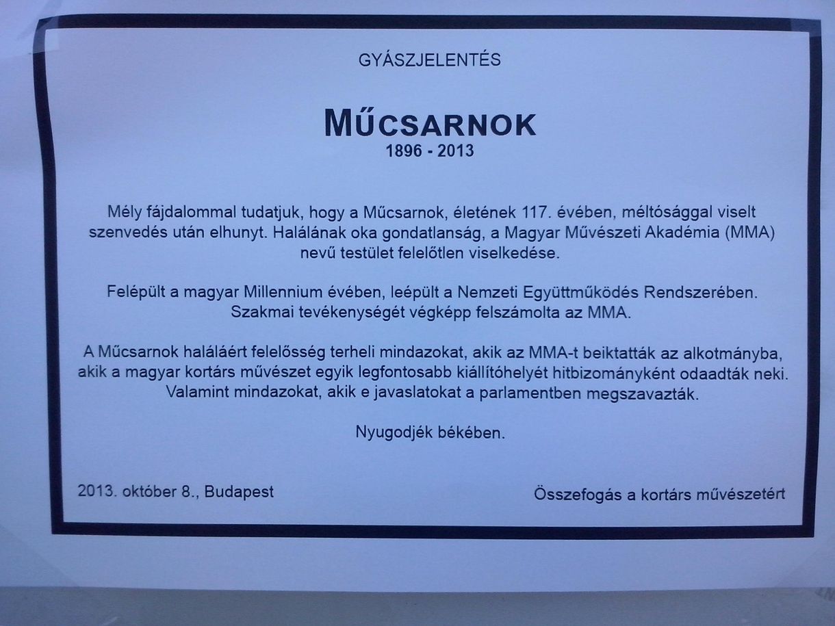 Megírták a Műcsarnok gyászjelentését