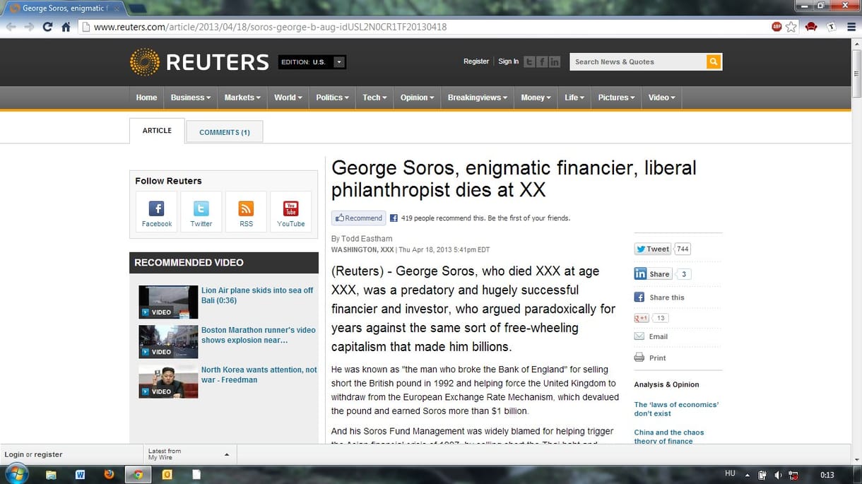 Baki a neten: Soros György halálhírét keltette a Reuters