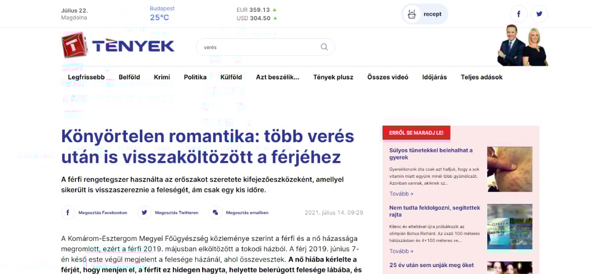 A TV2 szerint romantikus, hogy „a szeretetet kifejező” verés után egy nő visszaköltözött férjéhez
