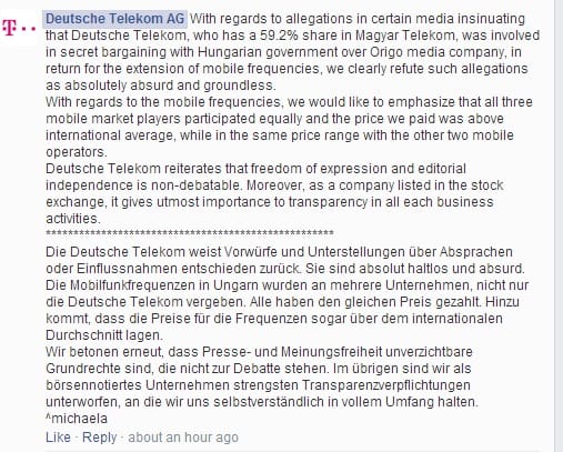 Elege lett a Deutsche Telekomnak, Facebook-kommentben szólaltak meg