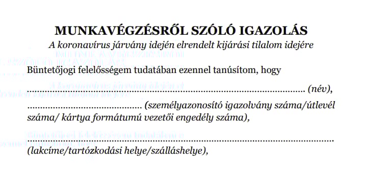 Innen letöltheti a munkáltatói igazolást, amellyel a kijárási tilalom alatt is közlekedhet