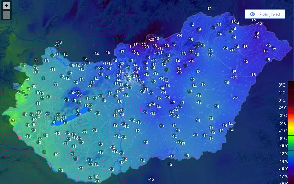 -24,3 fokot mértek szombat hajnalban Nógrádban - hőtérkép