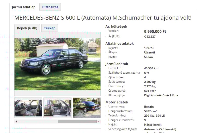 Magyar oldalon hirdetik Schumacher egyik Mercedesét