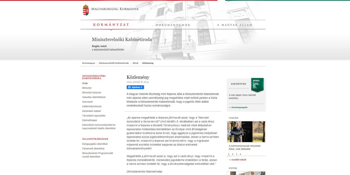 Nyitólapján kért bocsánatot a kormány a Magyar Helsinki Bizottságtól