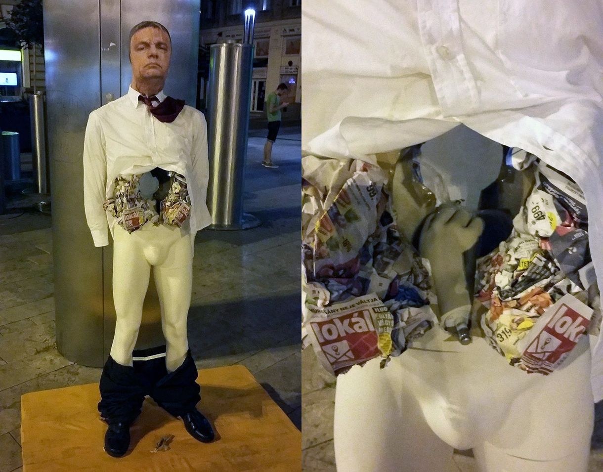 Kegyetlenül elbántak a beszélő Orbán-szoborral a Nyugati téren